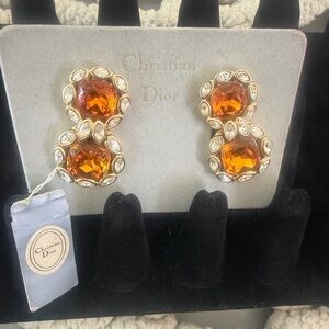 Vintage Dioe Gold-Tone Earrings with Amber Crystals
